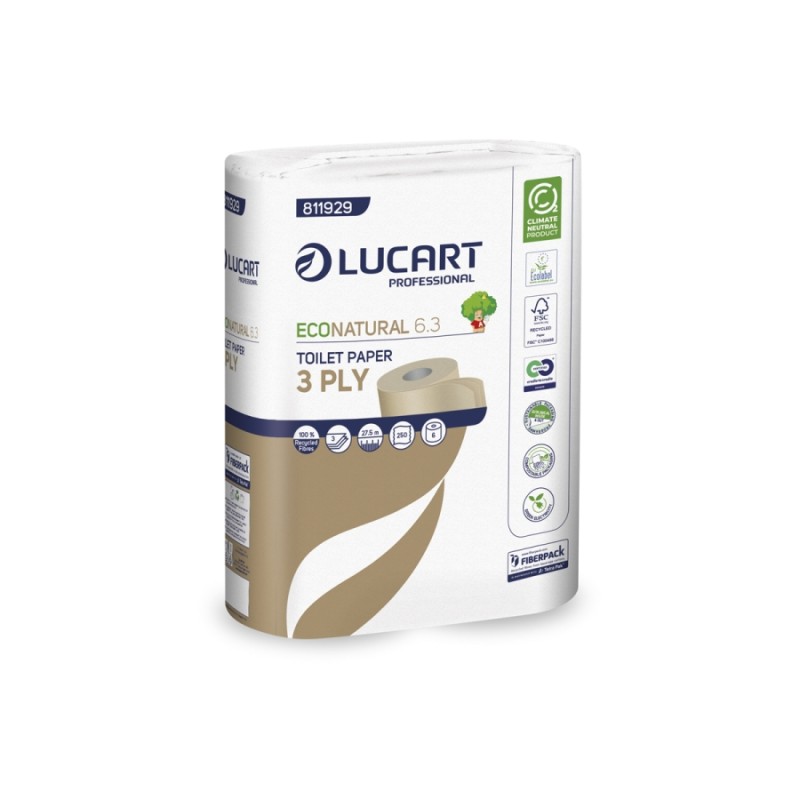 Tualettpaber rullis Lucart EcoNatural 6.3 ECO 3-kihiline 9,6x11cm 250lehte 27,5m 6rll pk (5 pk kst)